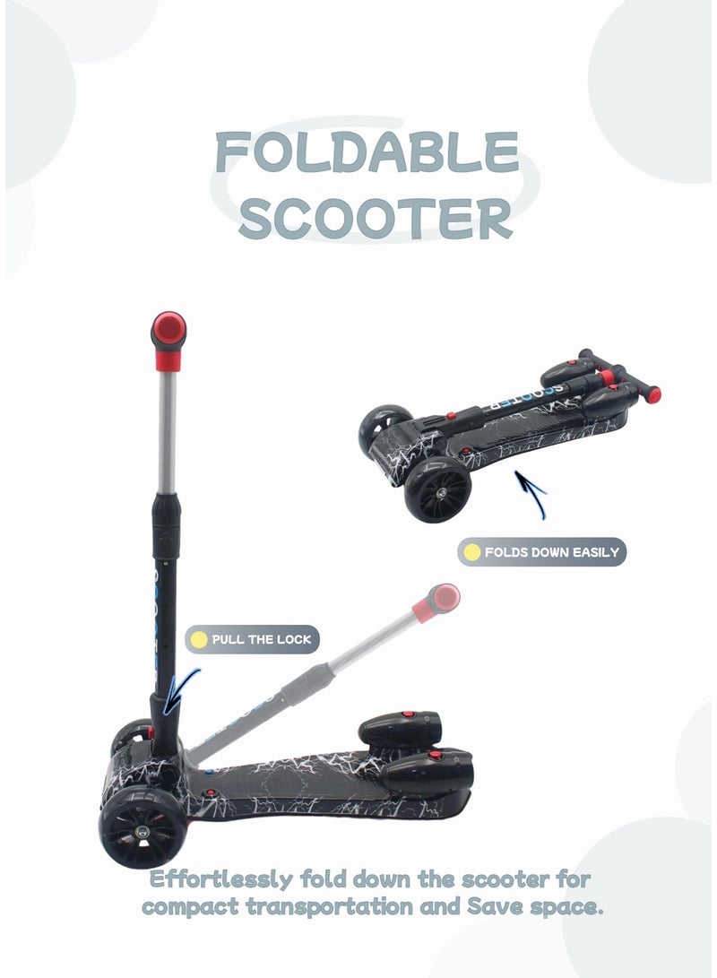 سكوتر ثلاثي العجلات قابل للطي للأولاد والبنات، مزود بعجلات LED مضيئة، وموسيقى بلوتوث، ورذاذ ماء، وتأثيرات دخان، وآمن للتوجيه بالانحناء، مناسب للأعمار من 3 إلى 14 عامًا، ويشمل مجموعة معدات الحماية. - Image 4